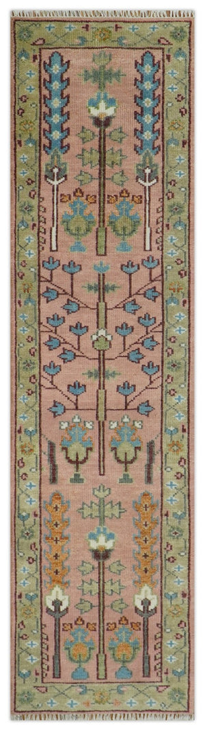 Ready to Ship Pink, Olive and Beige Traditional Vintage Style Tree Wool Rug