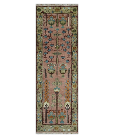 Ready to Ship Pink, Olive and Beige Traditional Vintage Style Tree Wool Rug