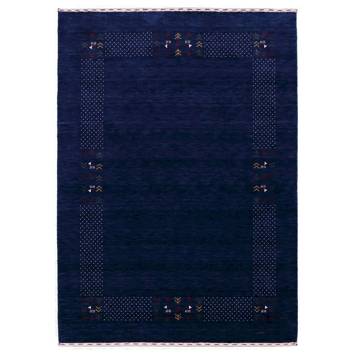 Ready to Ship Solid Blue Border Patterns Hand Loomed Wool Area Rug