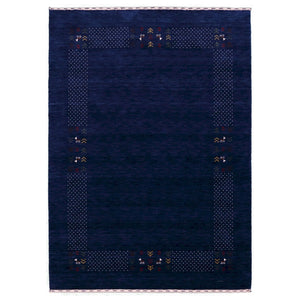 Ready to Ship Solid Blue Border Patterns Hand Loomed Wool Area Rug