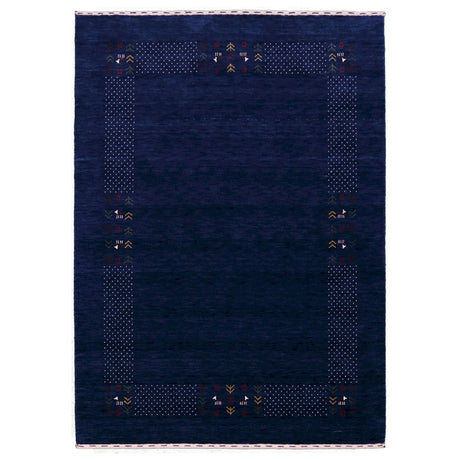 Ready to Ship Solid Blue Border Patterns Hand Loomed Wool Area Rug