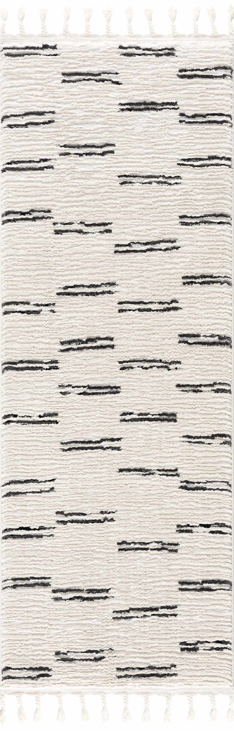 Riad Black Striped White Area Rug with tassels