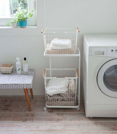 Rolling Laundry Cart + Wire Baskets - Steel + Wood