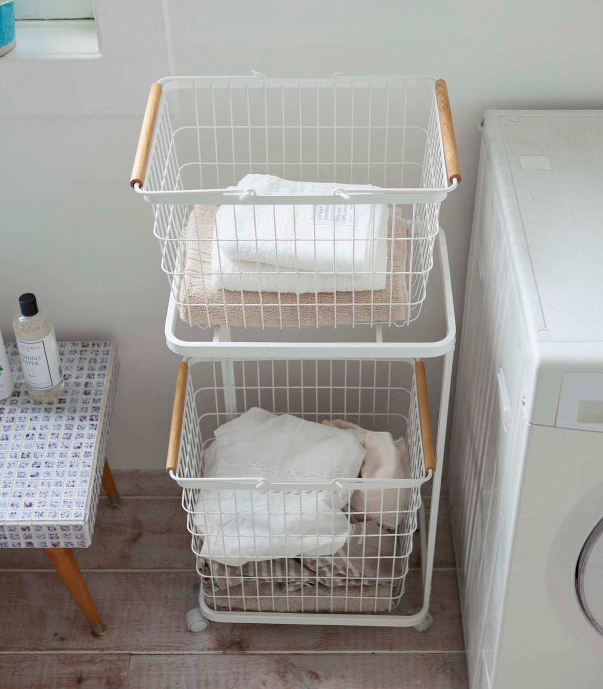 Rolling Laundry Cart + Wire Baskets - Steel + Wood