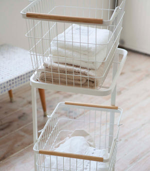 Rolling Laundry Cart + Wire Baskets - Steel + Wood