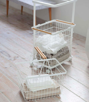 Rolling Laundry Cart + Wire Baskets - Steel + Wood