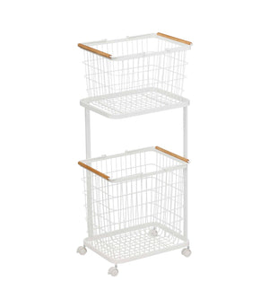 Rolling Laundry Cart + Wire Baskets - Steel + Wood