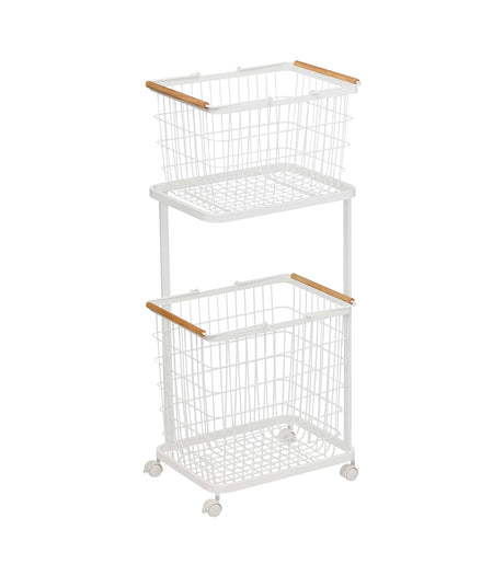 Rolling Laundry Cart + Wire Baskets - Steel + Wood