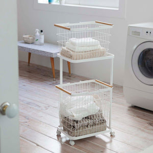 Rolling Laundry Cart + Wire Baskets - Steel + Wood