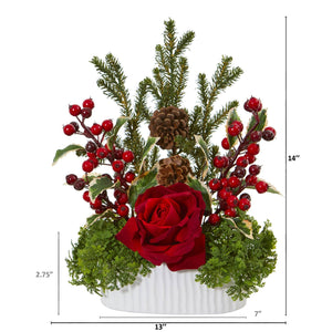 Rose, Holly Berry, Pine & Pinecone Artificial Arrangement in White Vase