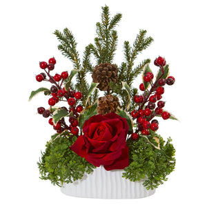 Rose, Holly Berry, Pine & Pinecone Artificial Arrangement in White Vase