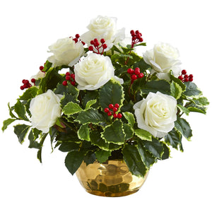 Rose and Variegated Holly Leaf Artificial Arrangement in Gold Bowl