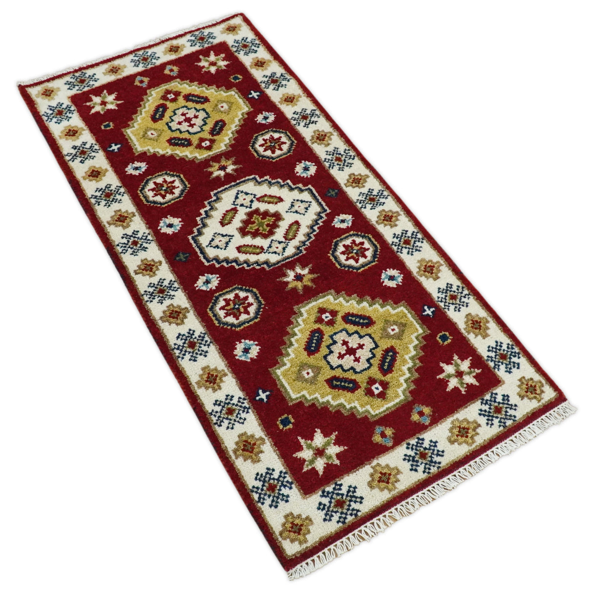 Runner 2x4 Red and Ivory Wool Hand Knotted traditional Persian Vintage Southwestern Kazak | TRDCP29824