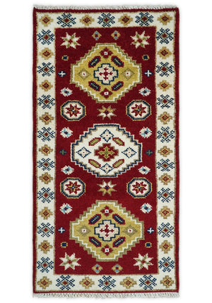 Runner 2x4 Red and Ivory Wool Hand Knotted traditional Persian Vintage Southwestern Kazak | TRDCP29824