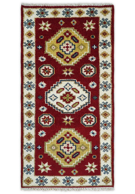 Runner 2x4 Red and Ivory Wool Hand Knotted traditional Persian Vintage Southwestern Kazak | TRDCP29824