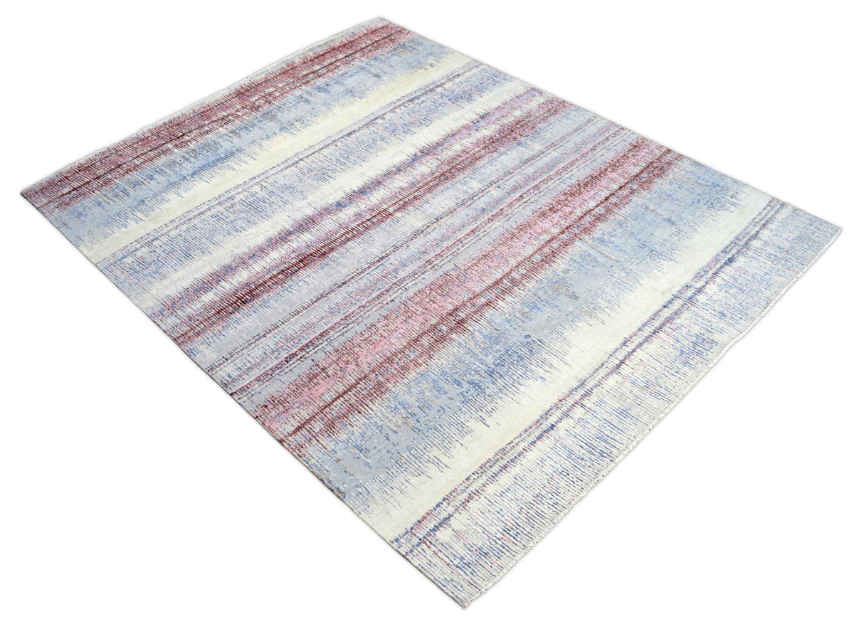 Rust, Blue and Beige 8x10 Rug Modern Hand made Hand-spun wool and Handspun Bamboo Silk Area Rug| The Rug Decor | TRD2095810