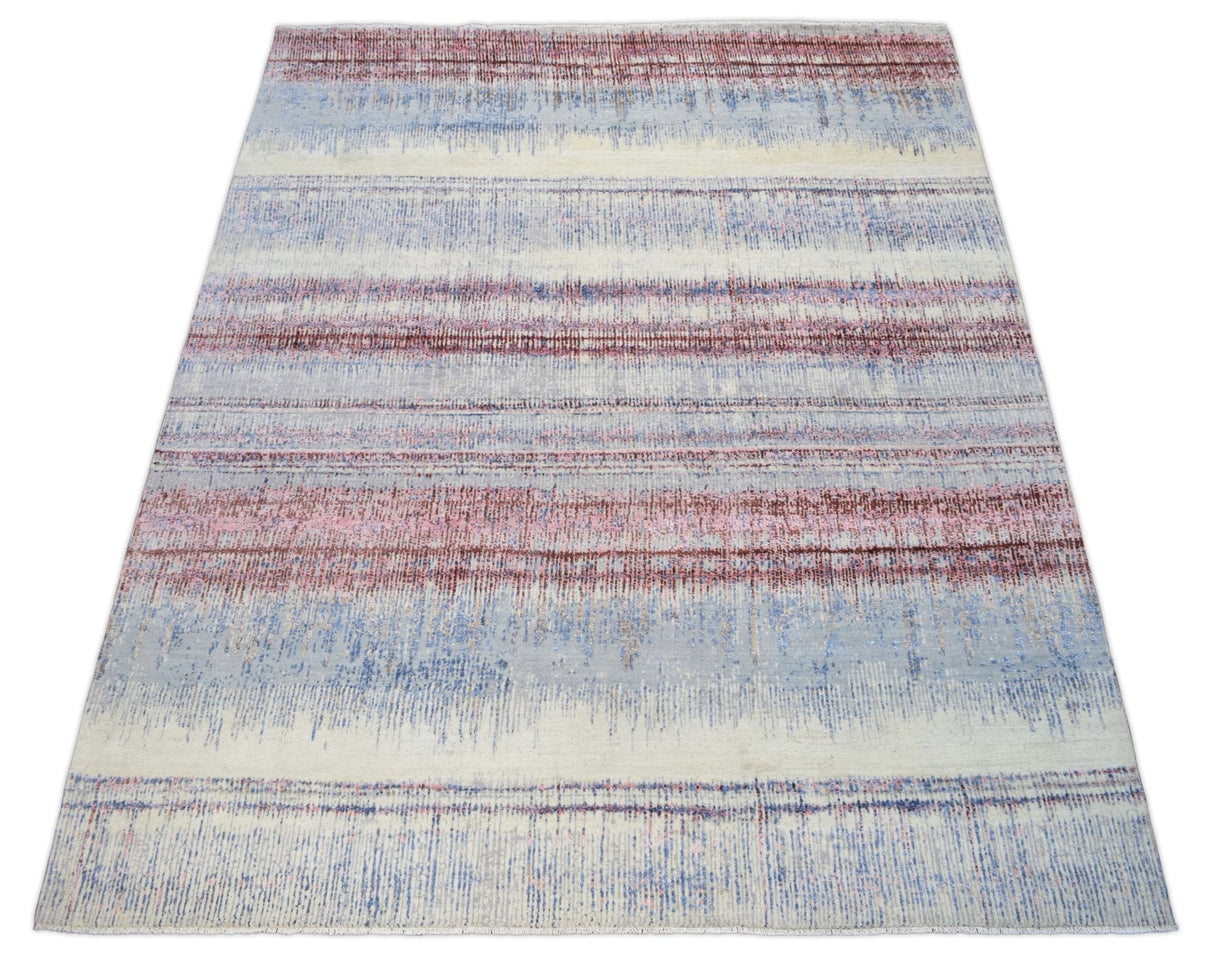Rust, Blue and Beige 8x10 Rug Modern Hand made Hand-spun wool and Handspun Bamboo Silk Area Rug| The Rug Decor | TRD2095810