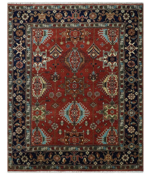 Rust, Blue and Beige Hand Knotted Antique 8x10 Traditional Wool Rug