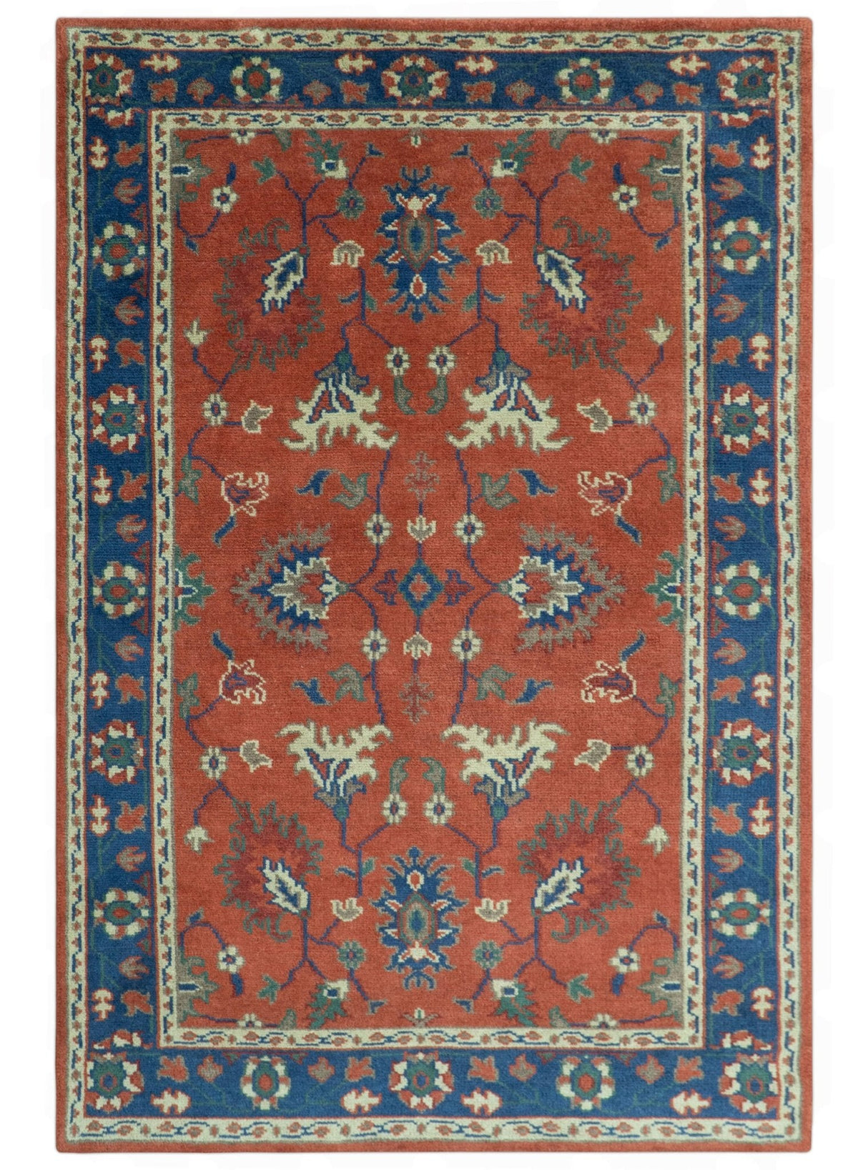 Rust, Blue and Beige Hand Knotted Oriental Oushak Multi Size wool Area Rug