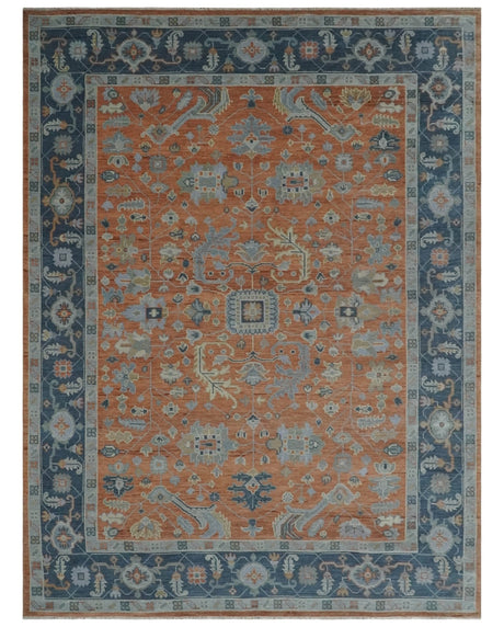 Rust, Blue and Silver Hand Knotted Traditional Multi Size Oushak Wool Area Rug