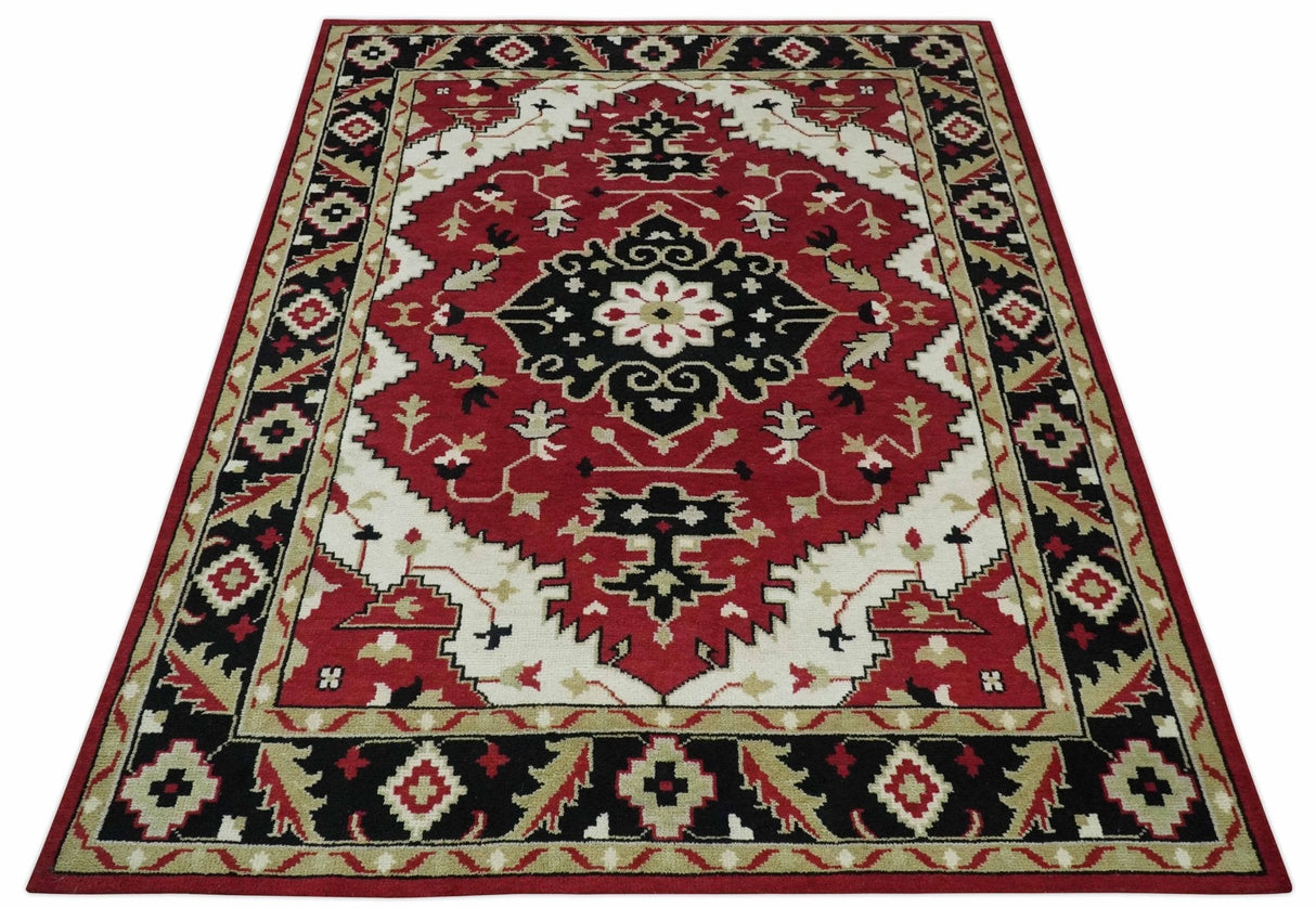 Rust, Ivory, Black and Beige Hand Knotted Traditional Heriz Multi Size wool area Rug