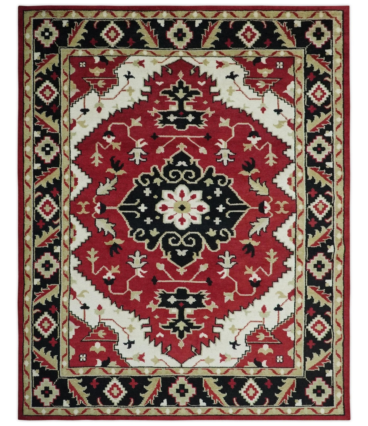 Rust, Ivory, Black and Beige Hand Knotted Traditional Heriz Multi Size wool area Rug