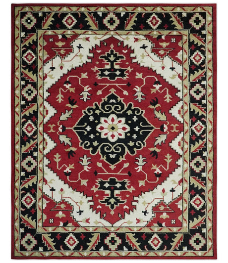 Rust, Ivory, Black and Beige Hand Knotted Traditional Heriz Multi Size wool area Rug