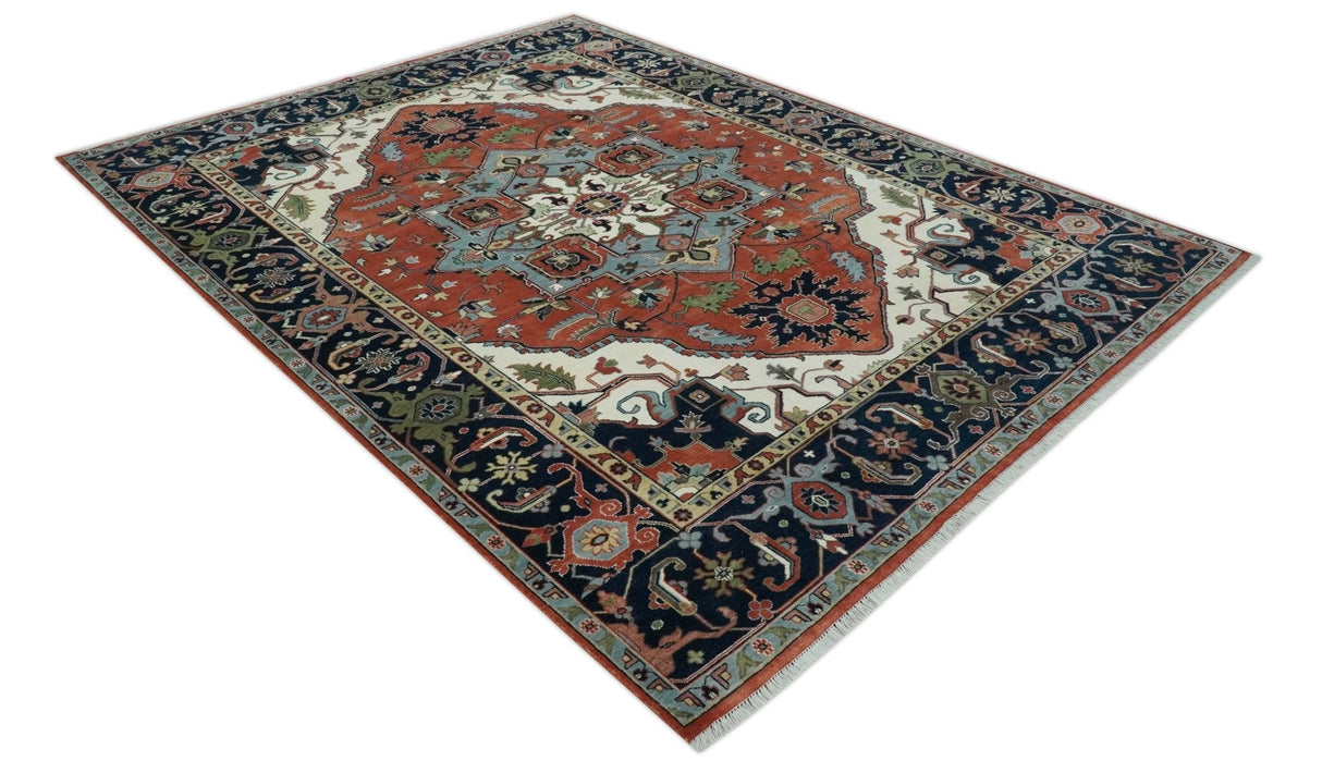 Rust, Ivory and Blue Fine Hand Knotted Traditional Heriz 9x12 wool area rug