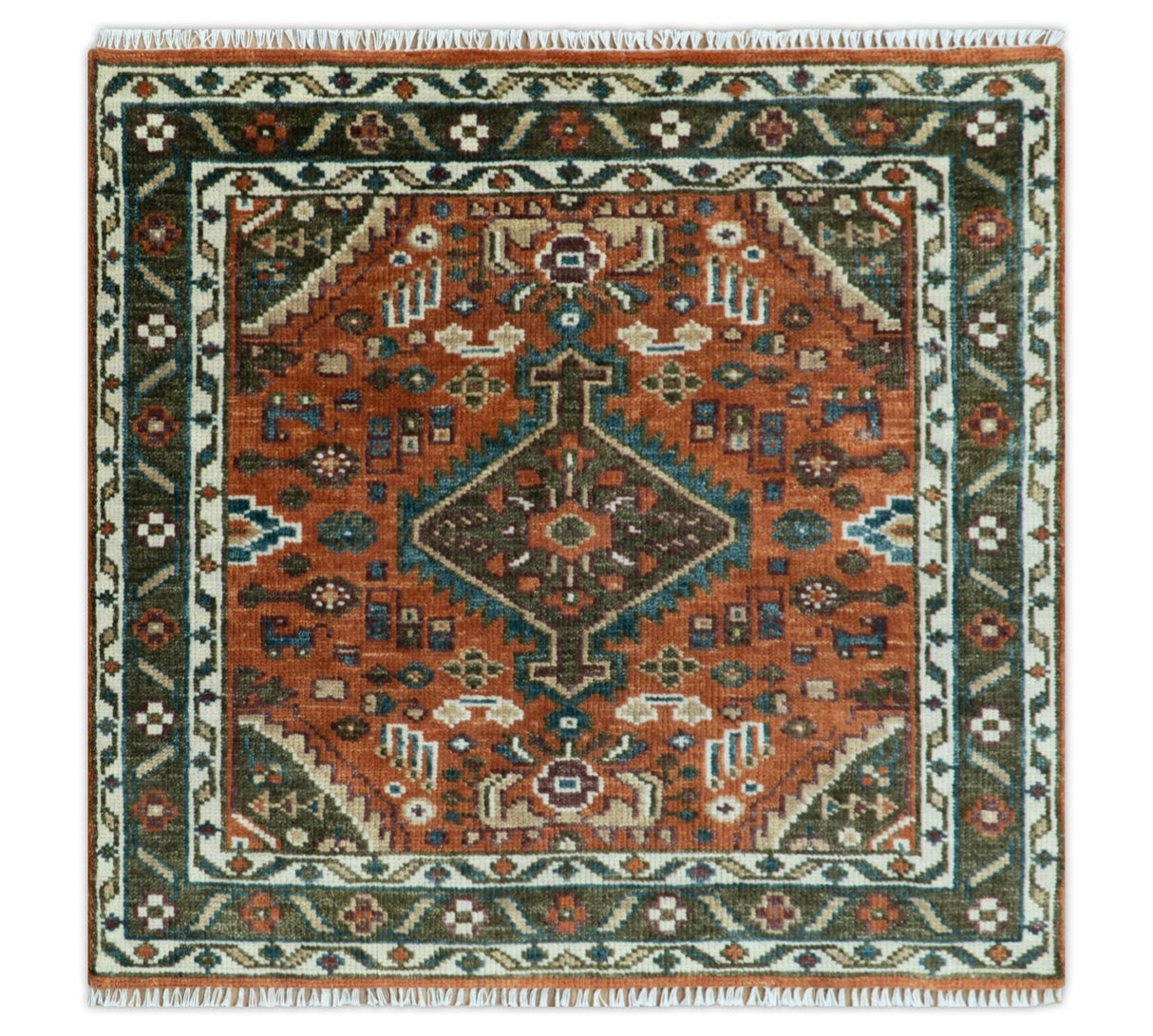 Rust, Ivory and Brown Oriental Traditional Hand knotted Multi Size Area Rug