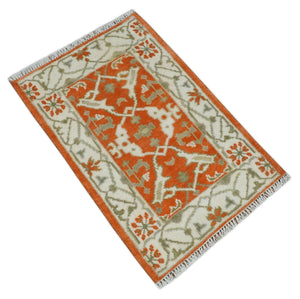 Rust, Ivory and Olive hand knotted 2x3 Oriental Oushak Wool Area Rug