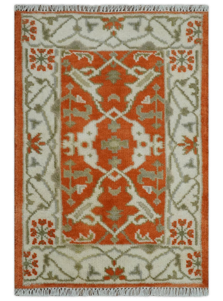 Rust, Ivory and Olive hand knotted 2x3 Oriental Oushak Wool Area Rug