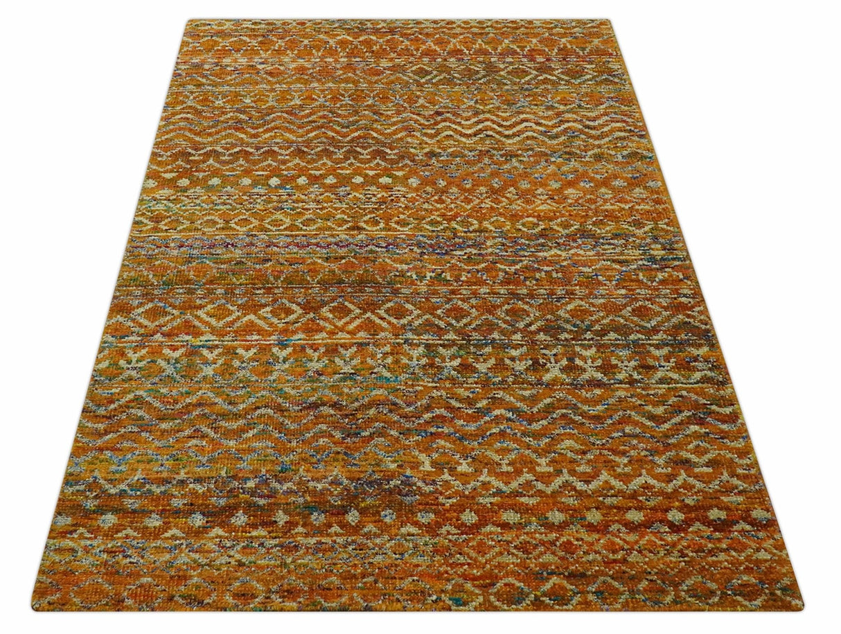 Rust and Beige 5.6x8.6 Contemporary Southwestern Tribal Trellis Recycled silk Rug