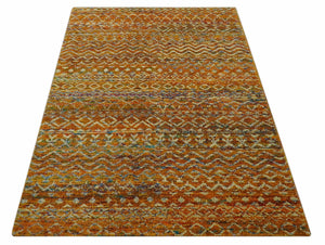 Rust and Beige 5.6x8.6 Contemporary Southwestern Tribal Trellis Recycled silk Rug