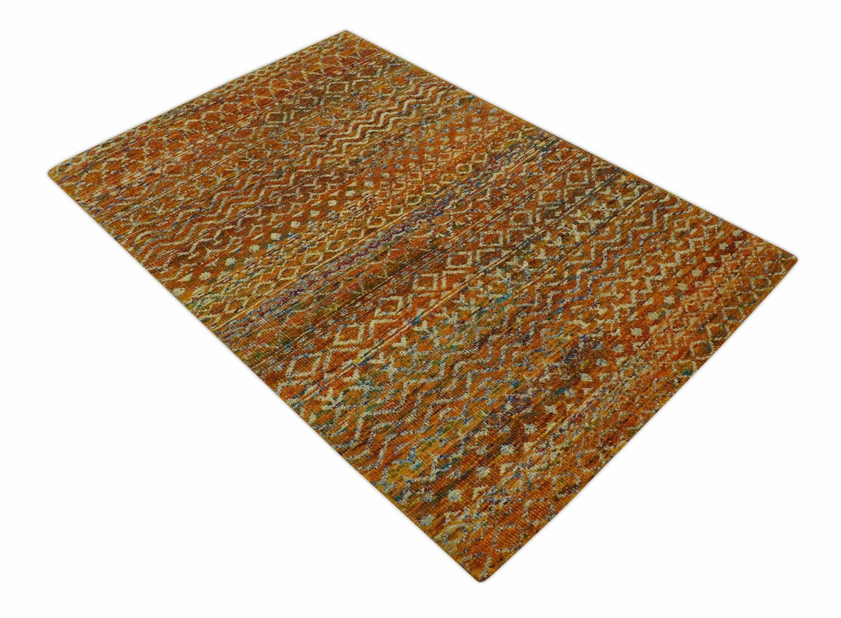 Rust and Beige 5.6x8.6 Contemporary Southwestern Tribal Trellis Recycled silk Rug