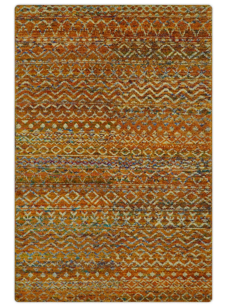 Rust and Beige 5.6x8.6 Contemporary Southwestern Tribal Trellis Recycled silk Rug