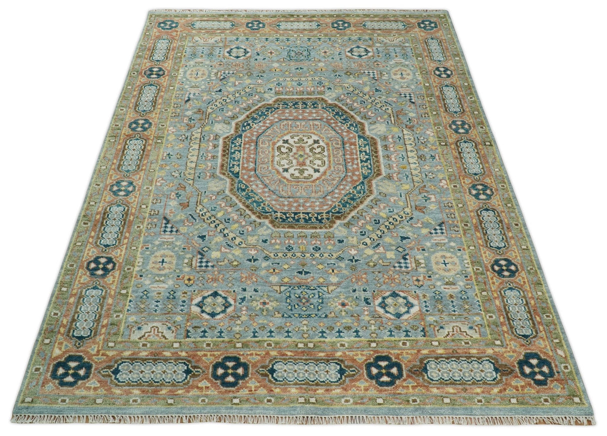 Rust and Blue Mamluk Rug 8x10, 9x12, 10x14 Hand Knotted Antique Style