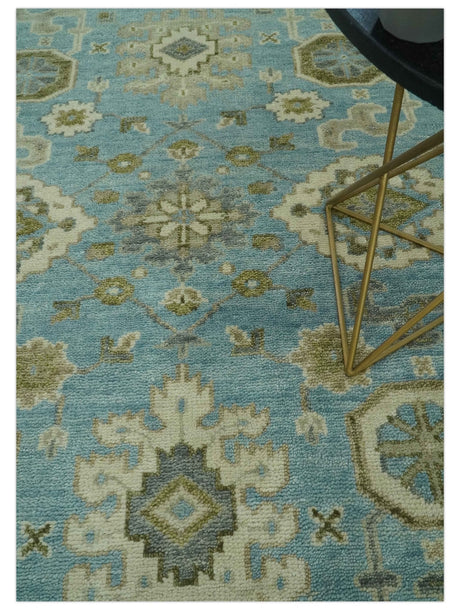 Sea Blue, Green and Ivory 8x10 Hand Knotted Traditional Oriental Oushak wool rug