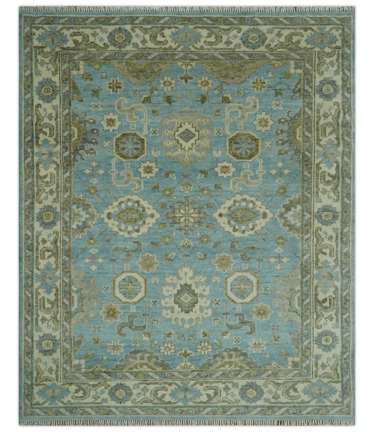Sea Blue, Green and Ivory 8x10 Hand Knotted Traditional Oriental Oushak wool rug