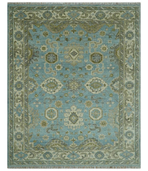 Sea Blue, Green and Ivory 8x10 Hand Knotted Traditional Oriental Oushak wool rug