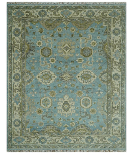 Sea Blue, Green and Ivory 8x10 Hand Knotted Traditional Oriental Oushak wool rug