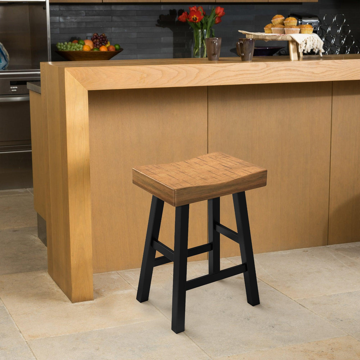 Set of 2 Farmhouse Solid Wood Bar Stools - Backless Saddle Seat Counter Height Chairs for Kitchen Island, Breakfast Nook & Home Office