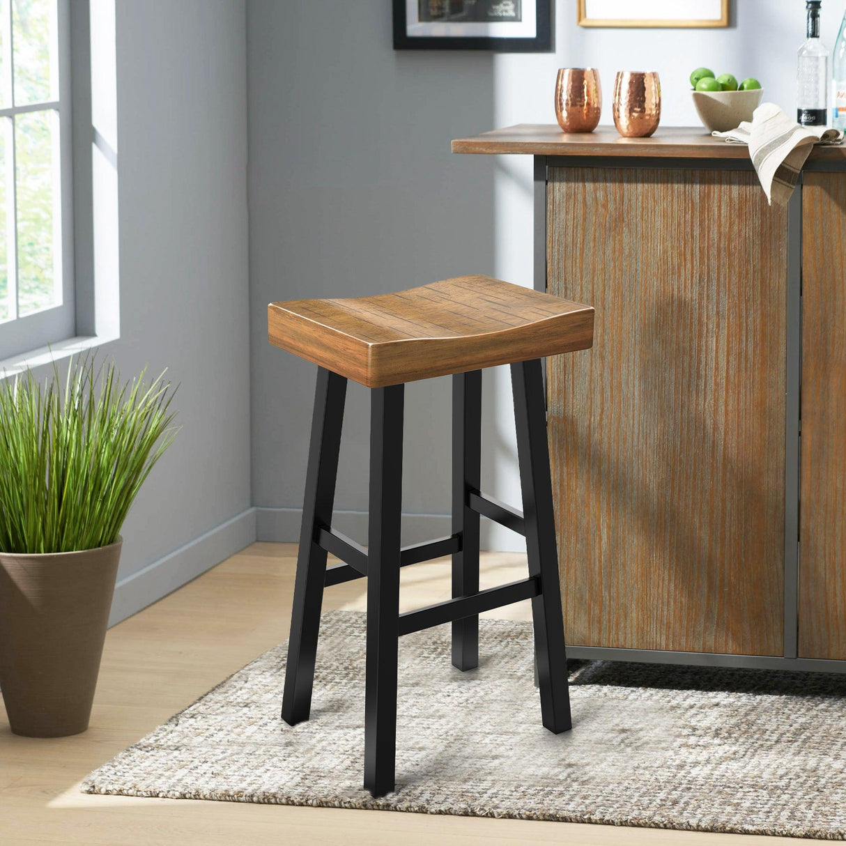 Set of 2 Farmhouse Solid Wood Bar Stools - Backless Saddle Seat Counter Height Chairs for Kitchen Island, Breakfast Nook & Home Office