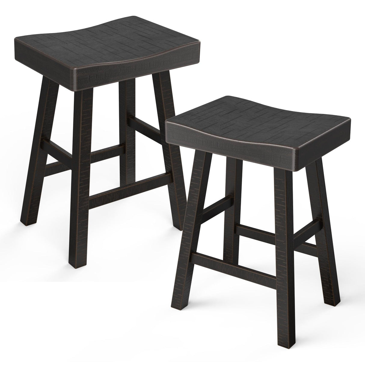 Set of 2 Farmhouse Solid Wood Bar Stools - Backless Saddle Seat Counter Height Chairs for Kitchen Island, Breakfast Nook & Home Office