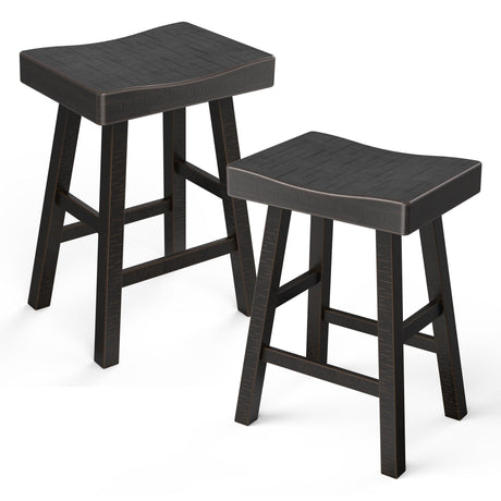 Set of 2 Farmhouse Solid Wood Bar Stools - Backless Saddle Seat Counter Height Chairs for Kitchen Island, Breakfast Nook & Home Office