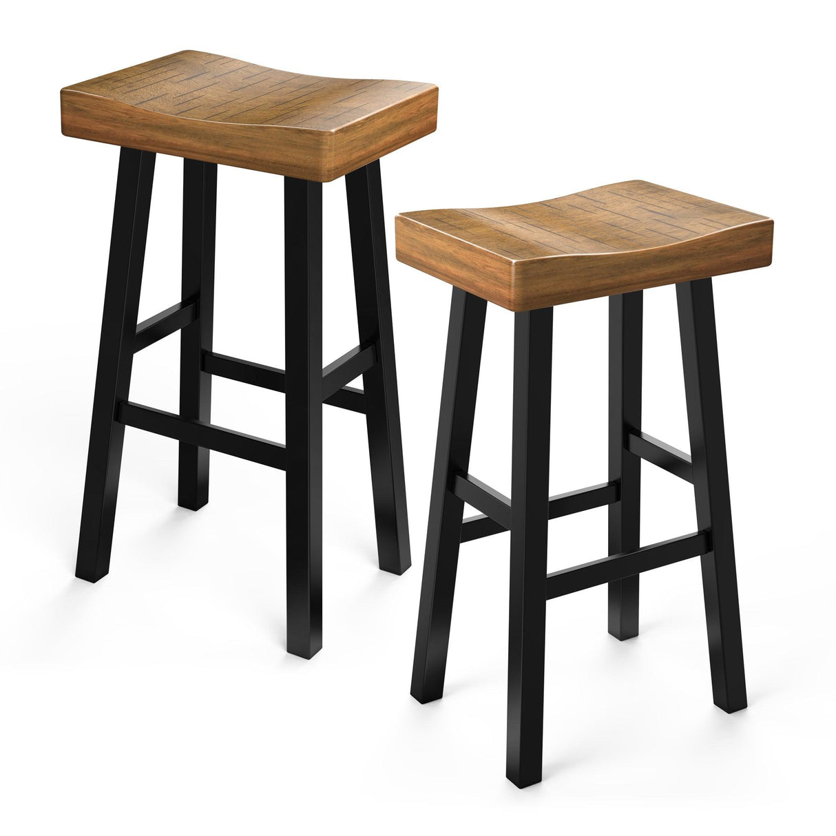 Set of 2 Farmhouse Solid Wood Bar Stools - Backless Saddle Seat Counter Height Chairs for Kitchen Island, Breakfast Nook & Home Office
