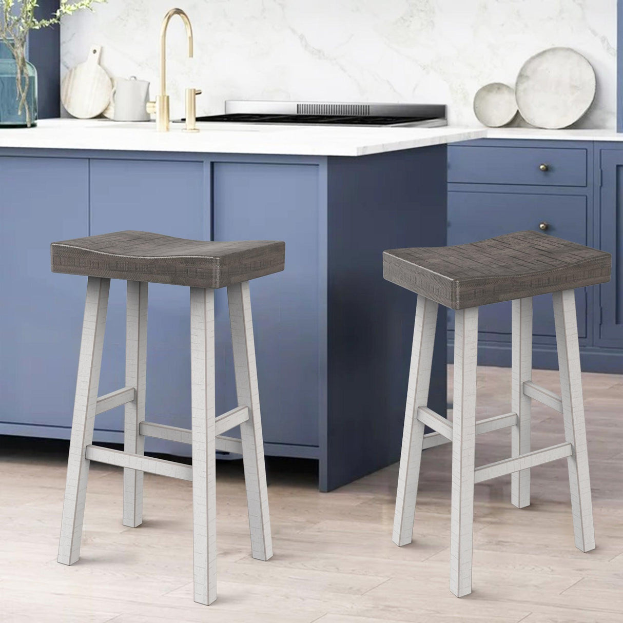 Set of 2 Farmhouse Solid Wood Bar Stools - Backless Saddle Seat Counter Height Chairs for Kitchen Island, Breakfast Nook & Home Office