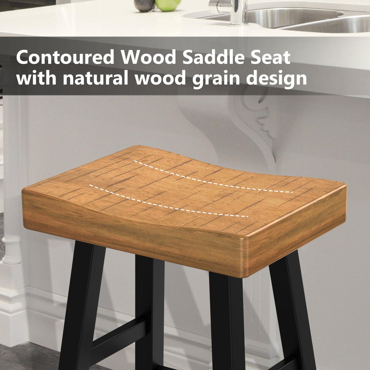 Set of 2 Farmhouse Solid Wood Bar Stools - Backless Saddle Seat Counter Height Chairs for Kitchen Island, Breakfast Nook & Home Office