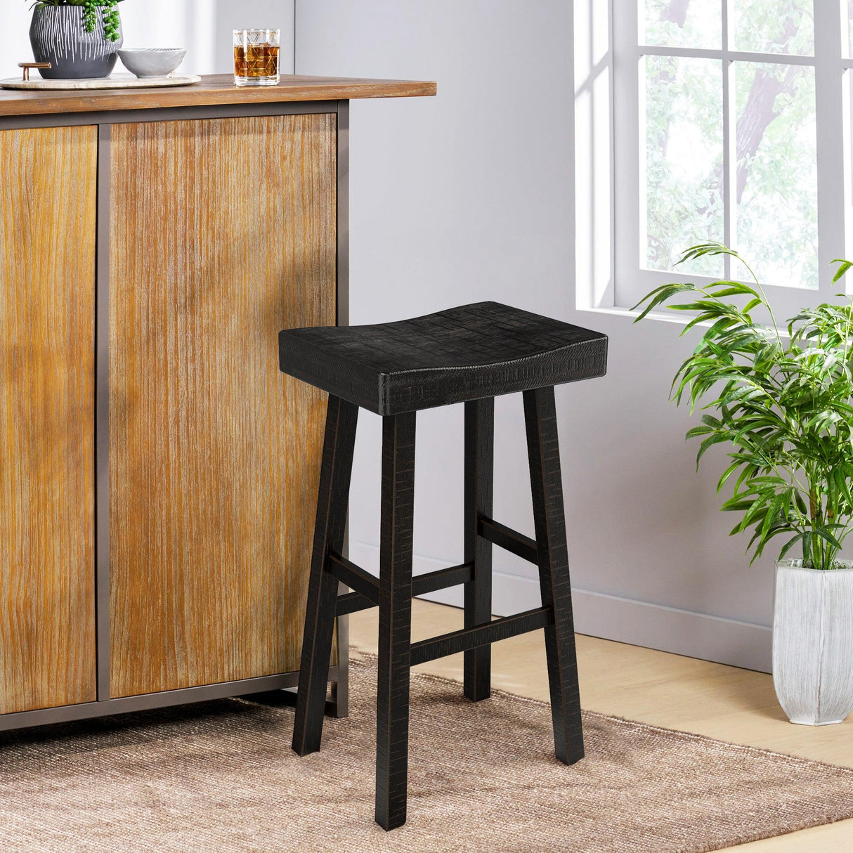 Set of 2 Farmhouse Solid Wood Bar Stools - Backless Saddle Seat Counter Height Chairs for Kitchen Island, Breakfast Nook & Home Office