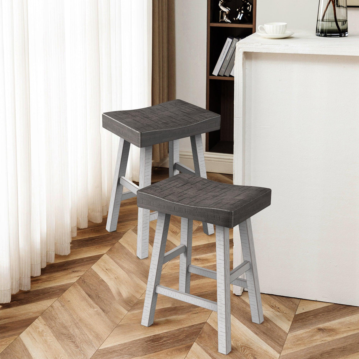 Set of 2 Farmhouse Solid Wood Bar Stools - Backless Saddle Seat Counter Height Chairs for Kitchen Island, Breakfast Nook & Home Office