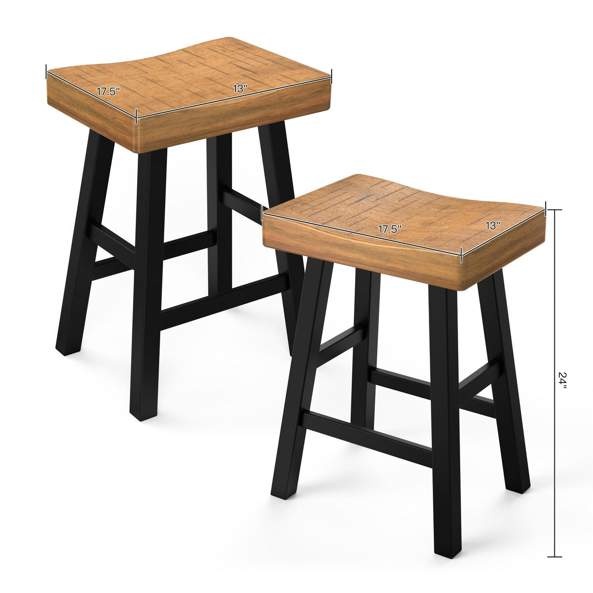 Set of 2 Farmhouse Solid Wood Bar Stools - Backless Saddle Seat Counter Height Chairs for Kitchen Island, Breakfast Nook & Home Office
